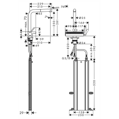 Кухонный смеситель Hansgrohe Aquno Select M81 однорычажный, 250, с вытяжным душем, 2jet, sBox 73830670, матовый черный. Фото